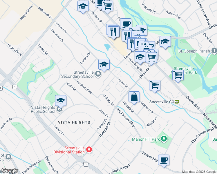 map of restaurants, bars, coffee shops, grocery stores, and more near 86 Joymar Drive in Mississauga
