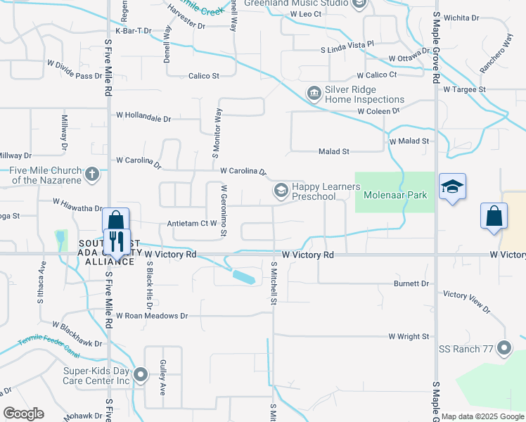 map of restaurants, bars, coffee shops, grocery stores, and more near 2751 South Rebel Place in Boise
