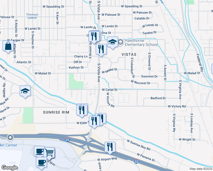 map of restaurants, bars, coffee shops, grocery stores, and more near 2450 West Canal Street in Boise