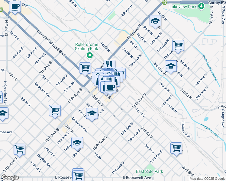 map of restaurants, bars, coffee shops, grocery stores, and more near 1225 1st Street South in Nampa