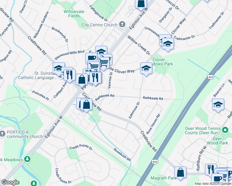 map of restaurants, bars, coffee shops, grocery stores, and more near 4892 Rosewater Court in Mississauga