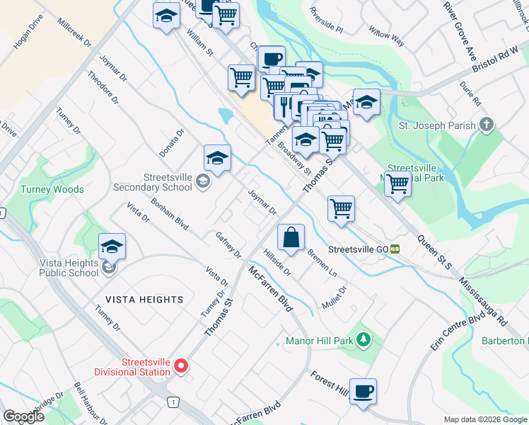 map of restaurants, bars, coffee shops, grocery stores, and more near in Mississauga