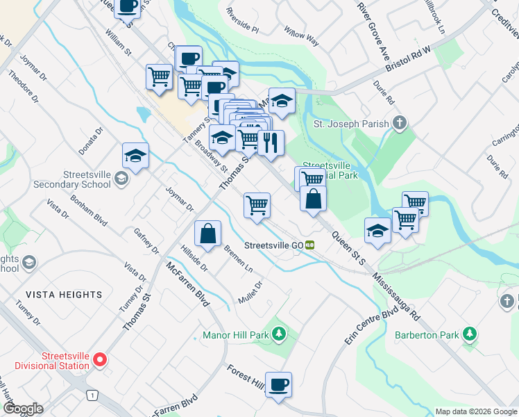 map of restaurants, bars, coffee shops, grocery stores, and more near 105 Princess Street in Mississauga