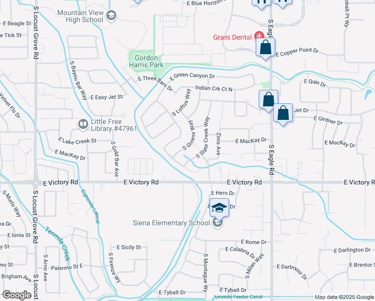 map of restaurants, bars, coffee shops, grocery stores, and more near 2932 South Givens Way in Meridian