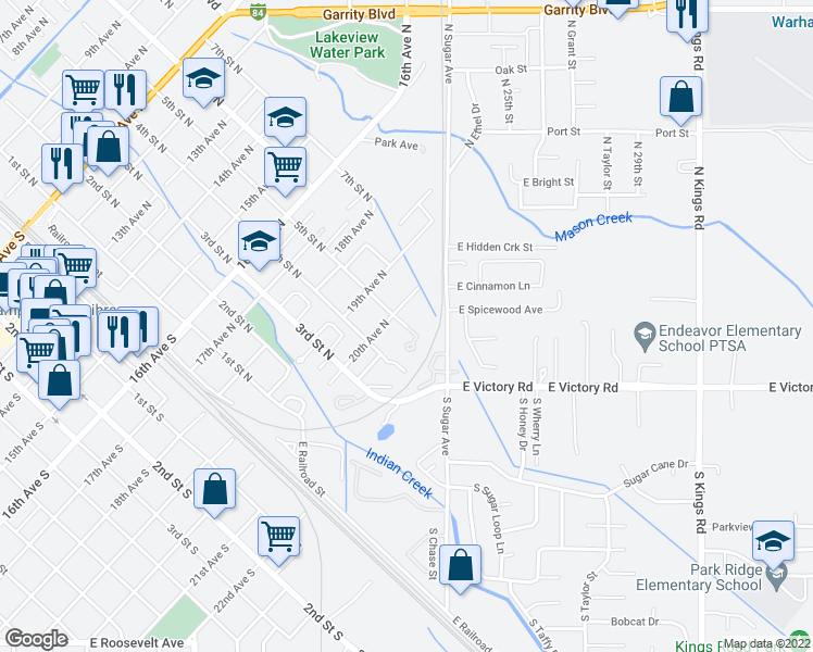 map of restaurants, bars, coffee shops, grocery stores, and more near 2042 5th Street North in Nampa