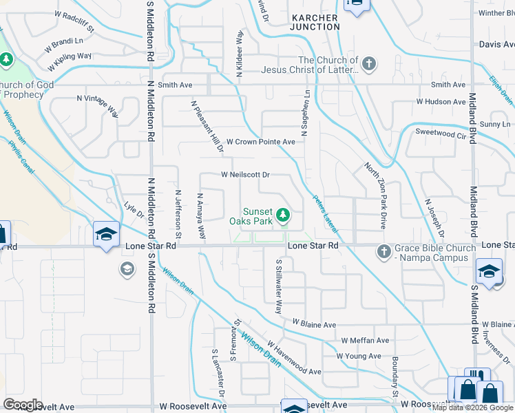 map of restaurants, bars, coffee shops, grocery stores, and more near 32 North Amanda Drive in Nampa