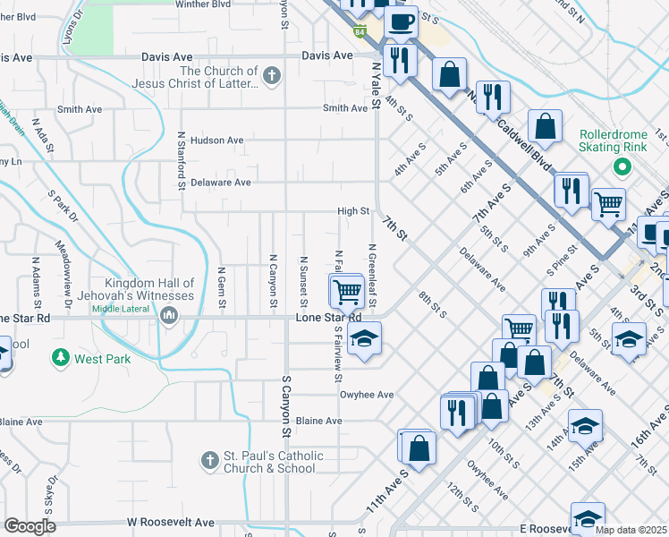 map of restaurants, bars, coffee shops, grocery stores, and more near 25 North Fairview Street in Nampa