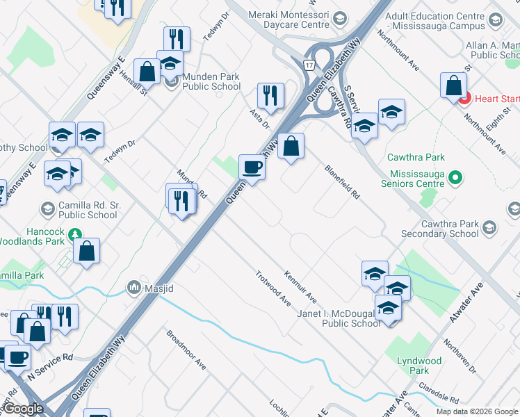 map of restaurants, bars, coffee shops, grocery stores, and more near 1612 Kipper Avenue in Mississauga