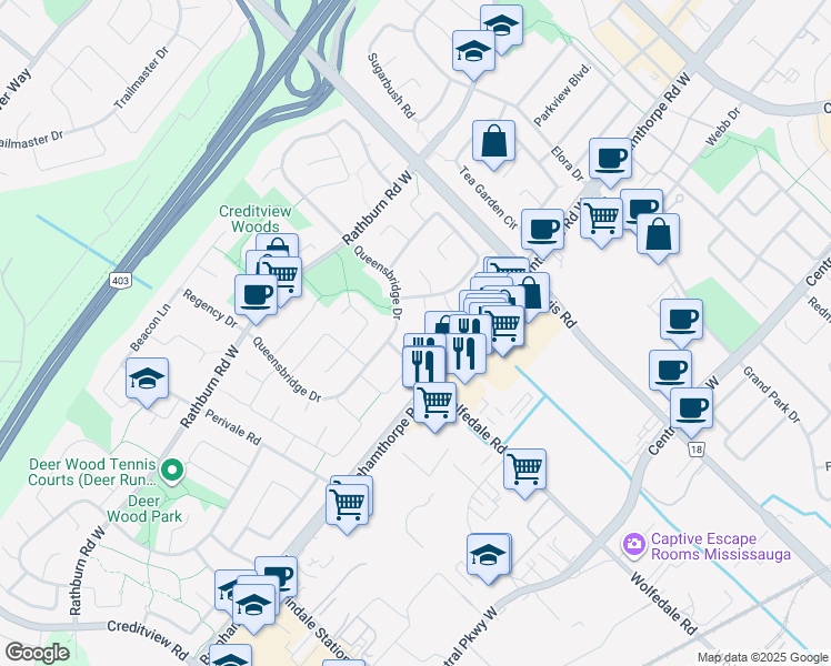 map of restaurants, bars, coffee shops, grocery stores, and more near 3961 Chicory Court in Mississauga