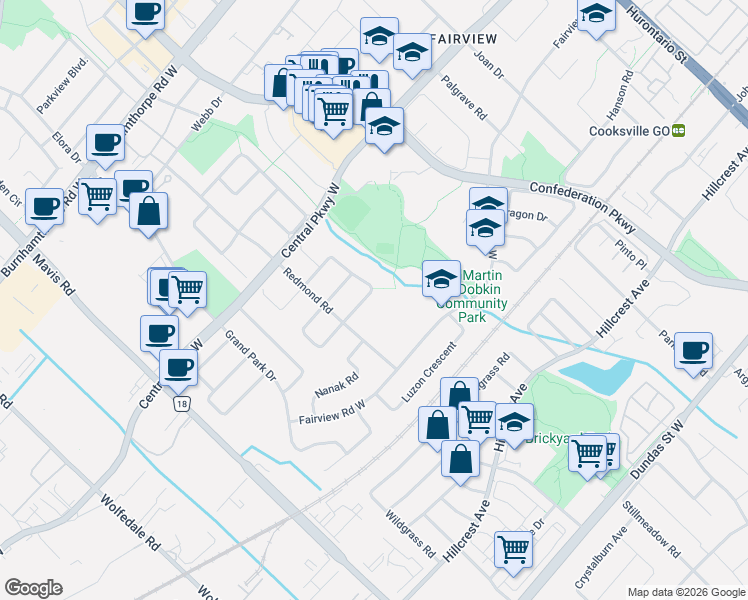 map of restaurants, bars, coffee shops, grocery stores, and more near 3339 Crompton Crescent in Mississauga
