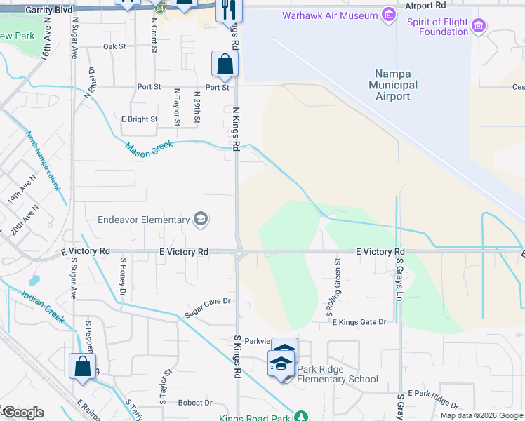map of restaurants, bars, coffee shops, grocery stores, and more near 30 North Kings Road in Nampa
