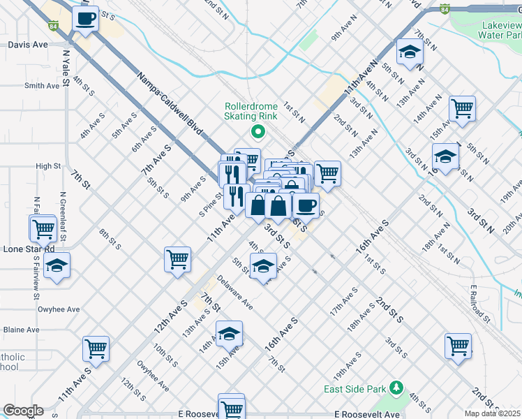 map of restaurants, bars, coffee shops, grocery stores, and more near 215 12th Avenue South in Nampa