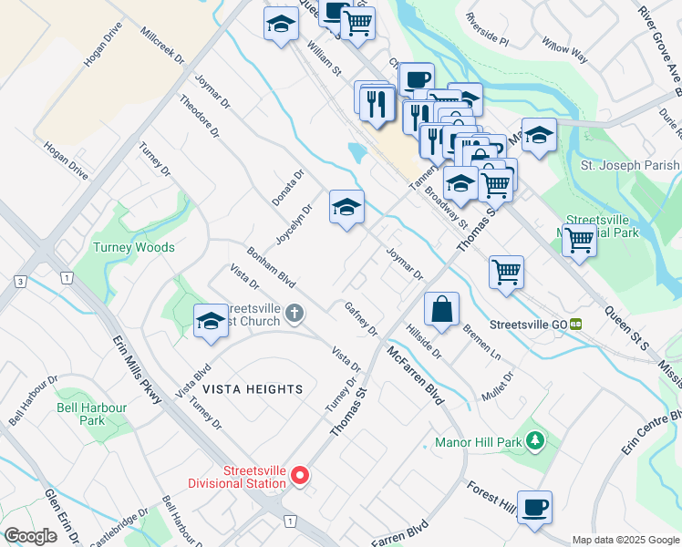 map of restaurants, bars, coffee shops, grocery stores, and more near 72 Joymar Drive in Mississauga