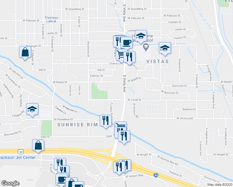 map of restaurants, bars, coffee shops, grocery stores, and more near 2717 South Vista Avenue in Boise
