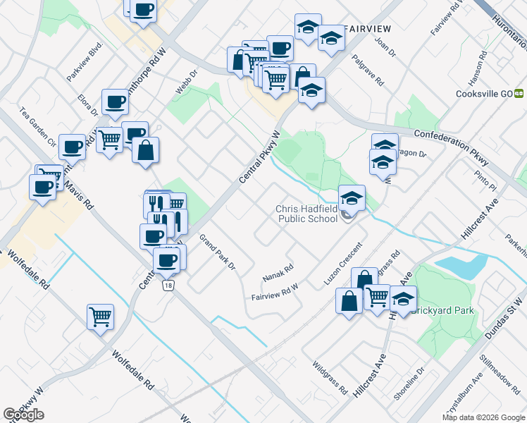 map of restaurants, bars, coffee shops, grocery stores, and more near in Mississauga