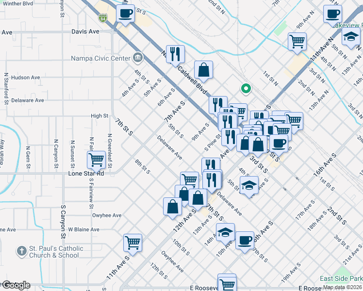 map of restaurants, bars, coffee shops, grocery stores, and more near 516 8th Avenue South in Nampa