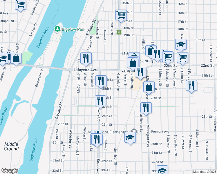 map of restaurants, bars, coffee shops, grocery stores, and more near 317 Stanton Street in Bay City