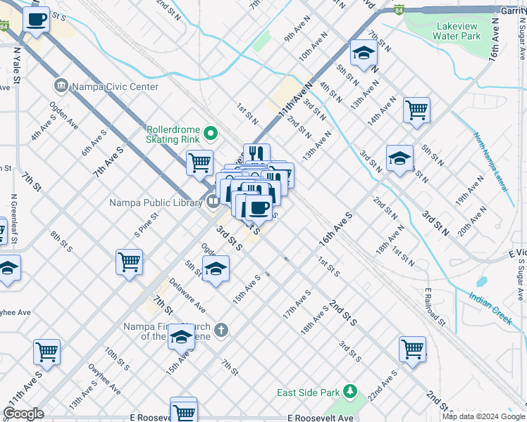 map of restaurants, bars, coffee shops, grocery stores, and more near 1307 1st Street South in Nampa