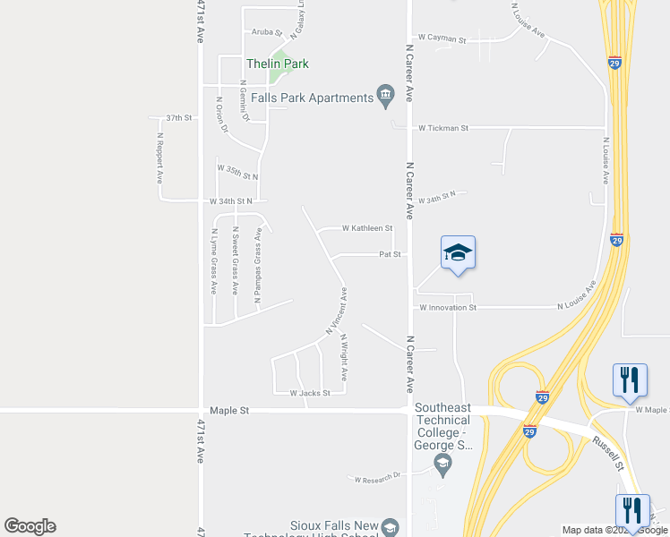 map of restaurants, bars, coffee shops, grocery stores, and more near North Vincent Avenue in Sioux Falls