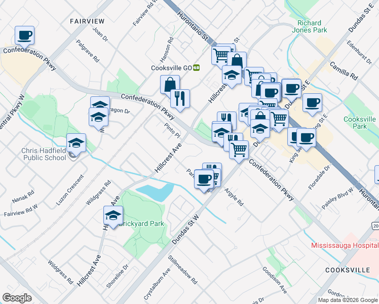 map of restaurants, bars, coffee shops, grocery stores, and more near 215 Anastasia Terrace in Mississauga