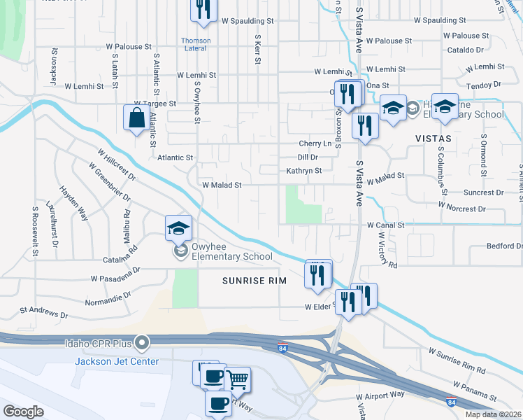 map of restaurants, bars, coffee shops, grocery stores, and more near 2697 South Kerr Street in Boise