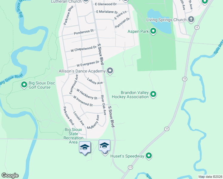 map of restaurants, bars, coffee shops, grocery stores, and more near 1314-1430 S Sioux Blvd in Brandon