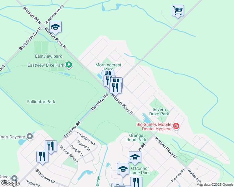 map of restaurants, bars, coffee shops, grocery stores, and more near 455 Watson Parkway North in Guelph