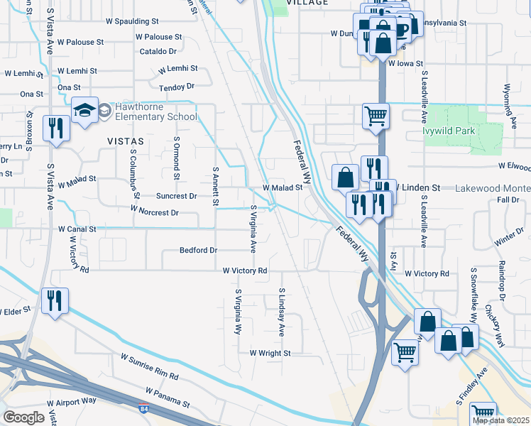 map of restaurants, bars, coffee shops, grocery stores, and more near 2706 South Virginia Avenue in Boise