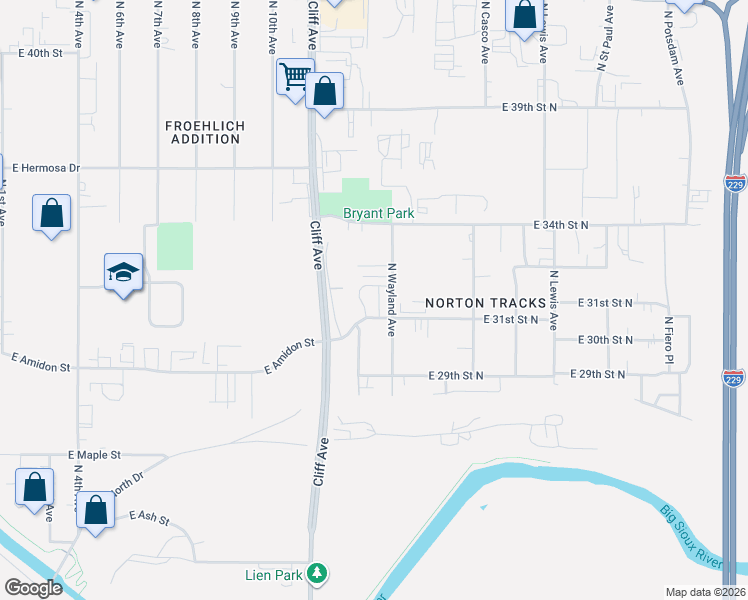 map of restaurants, bars, coffee shops, grocery stores, and more near 3101-3209 North Wayland Avenue in Sioux Falls