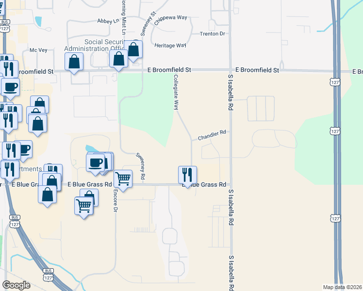 map of restaurants, bars, coffee shops, grocery stores, and more near 4300 Collegiate Way in Mount Pleasant