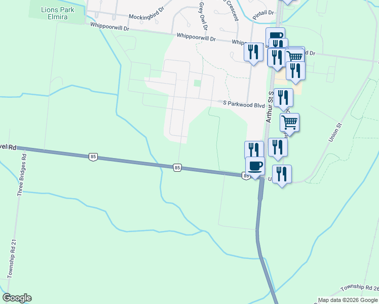 map of restaurants, bars, coffee shops, grocery stores, and more near 1103 Listowel Road in Elmira