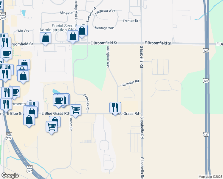 map of restaurants, bars, coffee shops, grocery stores, and more near Collegiate Way in Mt Pleasant
