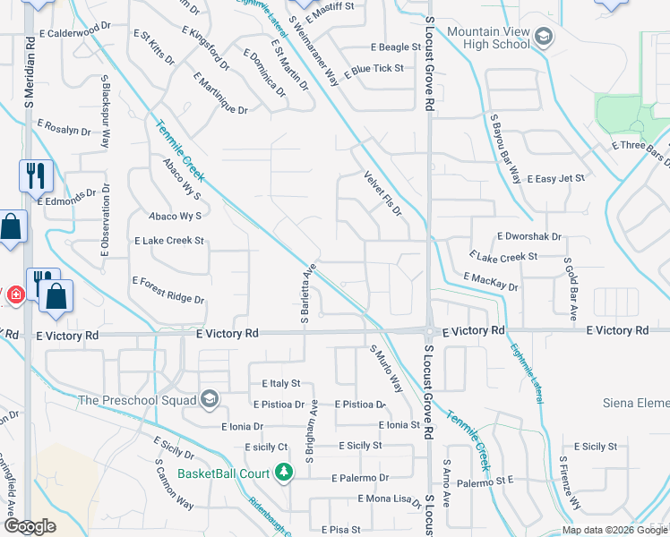 map of restaurants, bars, coffee shops, grocery stores, and more near 1231 East Loggers Pass Street in Meridian