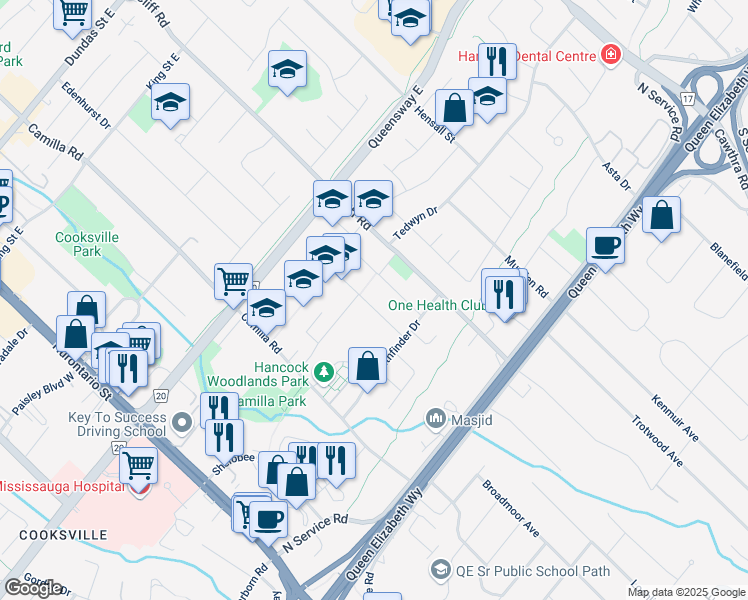 map of restaurants, bars, coffee shops, grocery stores, and more near 2189 Corsair Road in Mississauga