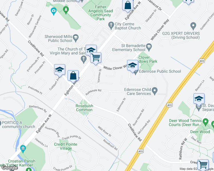 map of restaurants, bars, coffee shops, grocery stores, and more near 4892 Rosewater Court in Mississauga