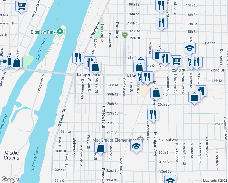 map of restaurants, bars, coffee shops, grocery stores, and more near 317 Stanton Street in Bay City