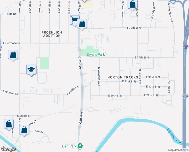 map of restaurants, bars, coffee shops, grocery stores, and more near 3101-3209 North Wayland Avenue in Sioux Falls