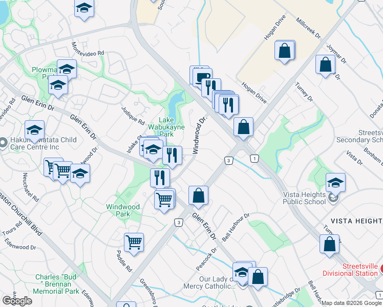 map of restaurants, bars, coffee shops, grocery stores, and more near 2617 Windwood Drive in Mississauga