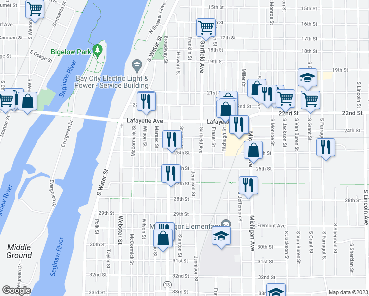 map of restaurants, bars, coffee shops, grocery stores, and more near 317 Stanton Street in Bay City