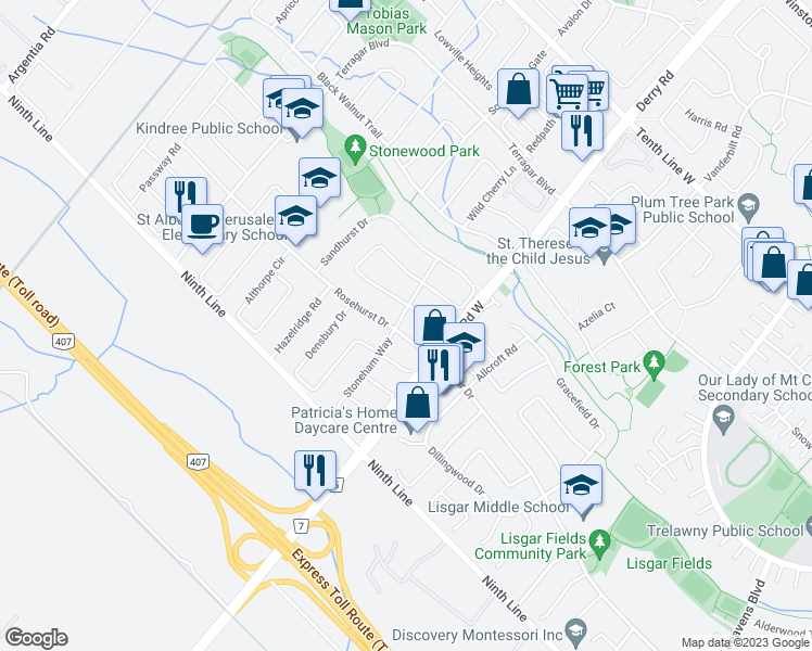 map of restaurants, bars, coffee shops, grocery stores, and more near 3870 Laurenclaire Drive in Mississauga