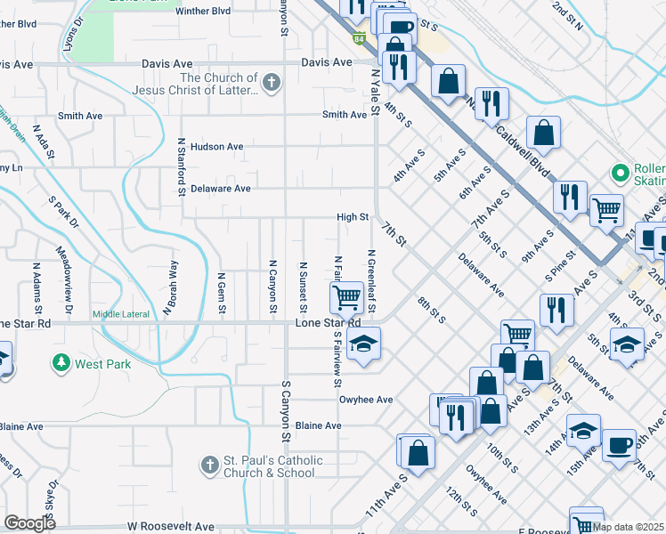map of restaurants, bars, coffee shops, grocery stores, and more near 25 North Fairview Street in Nampa