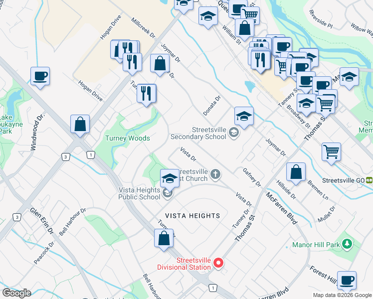 map of restaurants, bars, coffee shops, grocery stores, and more near 75 Vista Drive in Mississauga