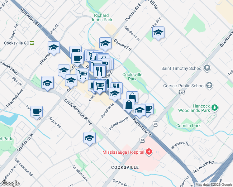 map of restaurants, bars, coffee shops, grocery stores, and more near 2475 Hurontario Street in Mississauga