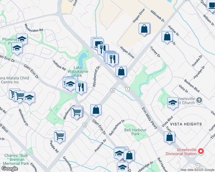 map of restaurants, bars, coffee shops, grocery stores, and more near 5958 Featherhead Crescent in Mississauga