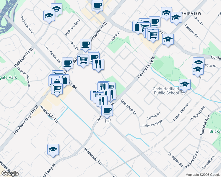 map of restaurants, bars, coffee shops, grocery stores, and more near Grand Park Drive in Mississauga