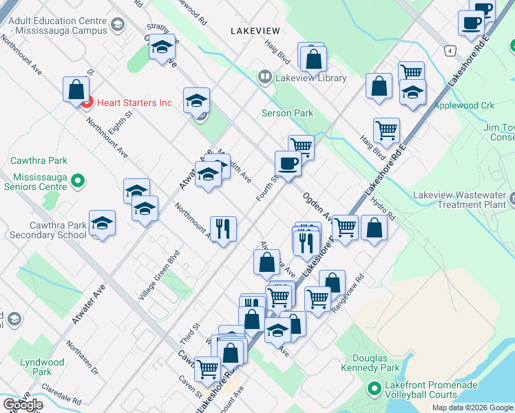 map of restaurants, bars, coffee shops, grocery stores, and more near 954 Fourth Street in Mississauga