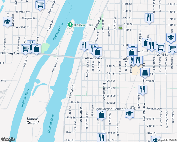 map of restaurants, bars, coffee shops, grocery stores, and more near 309 McCormick Street in Bay City
