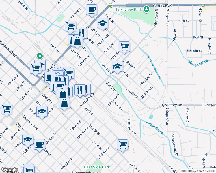 map of restaurants, bars, coffee shops, grocery stores, and more near 1617 2nd Street North in Nampa