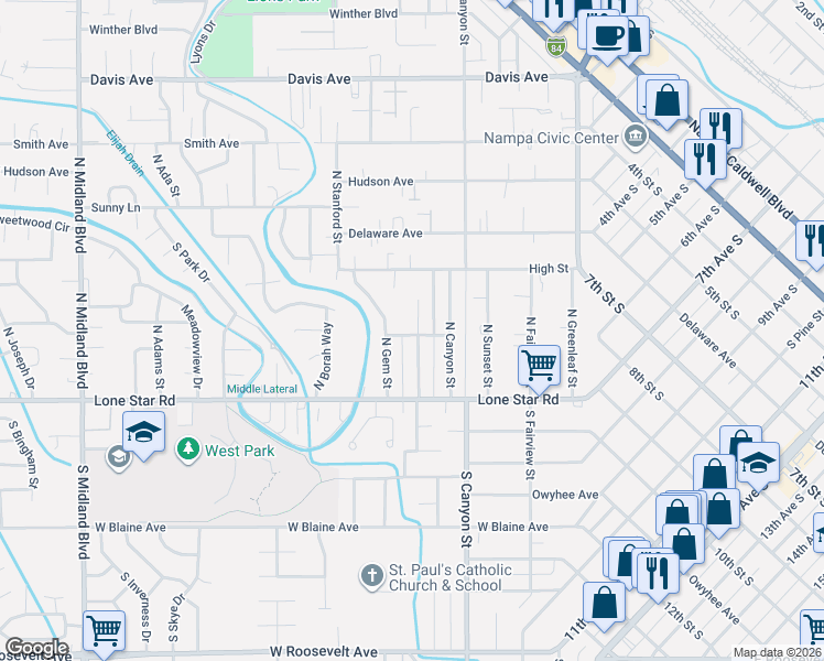 map of restaurants, bars, coffee shops, grocery stores, and more near 27 North State Street in Nampa