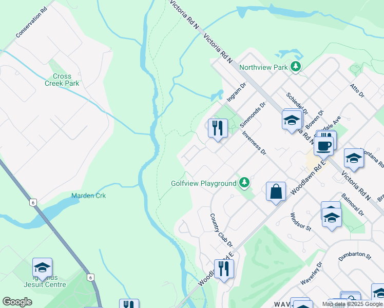 map of restaurants, bars, coffee shops, grocery stores, and more near 19 Simmonds Drive in Guelph